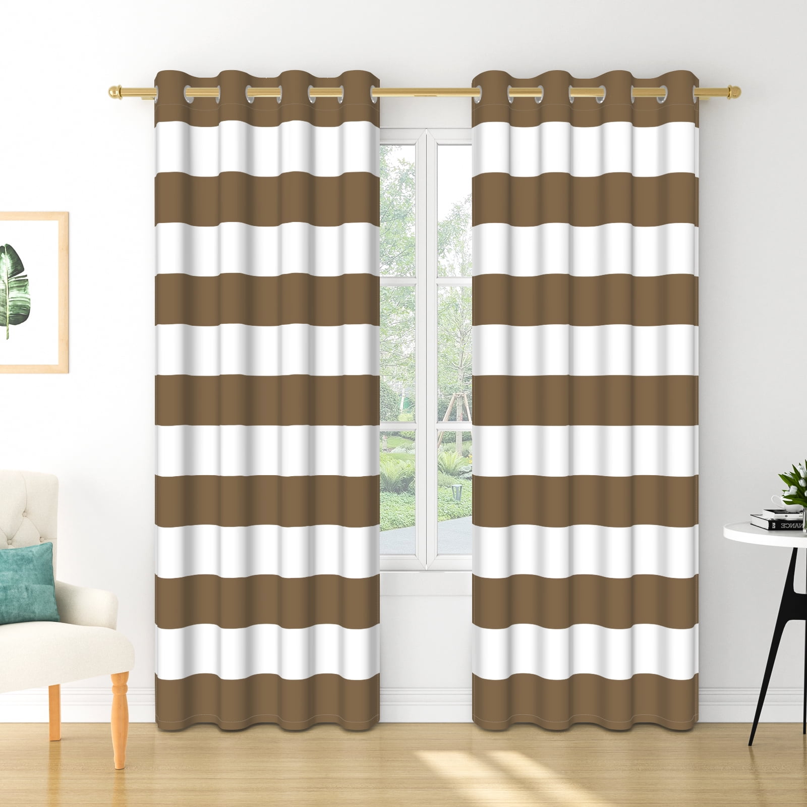 Nanqianyi Brown Striped Blackout Curtains Panel Pair, 42"x84", Grommet Top Thermal Insulated Drapes for Bedroom Living Room