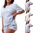 thumbnail image 2 of QINGFSAP Womens Pointelle Lounge Set Scalloped Trim Crew Neck Top and Elastic Shorts Sleepwear, 2 of 5