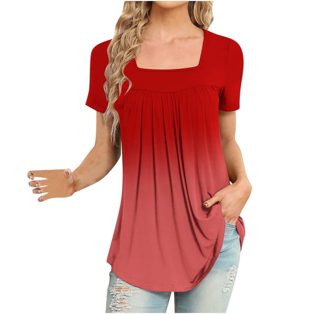 Jgppe Tunique pour Femmes Col Carré Doux Fluide Manches Courtes Blouses d'Été pour Femmes