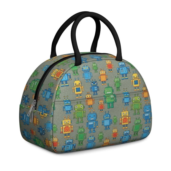 Robot and Minibots Gray Pattern Insulated Lunch Bag,Leakproof Large Capacity Lunch Box for Work,Picnic or Travel,11.4 X 6.7 X 8.3 Inches