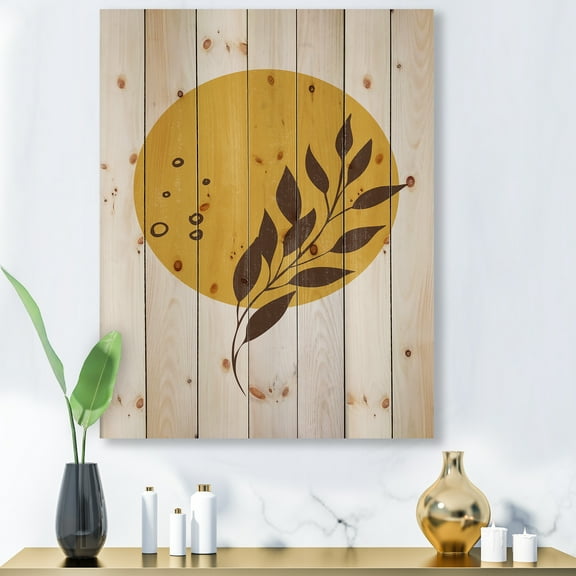 Designart 'Abstract Moon and Yellow Sun With Tropical Leaf II' Modern Print on Natural Pine Wood