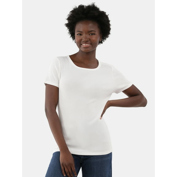 Time and Tru Women’s Rib Crewneck Tee with Short Sleeves, Sizes XS-XXXL