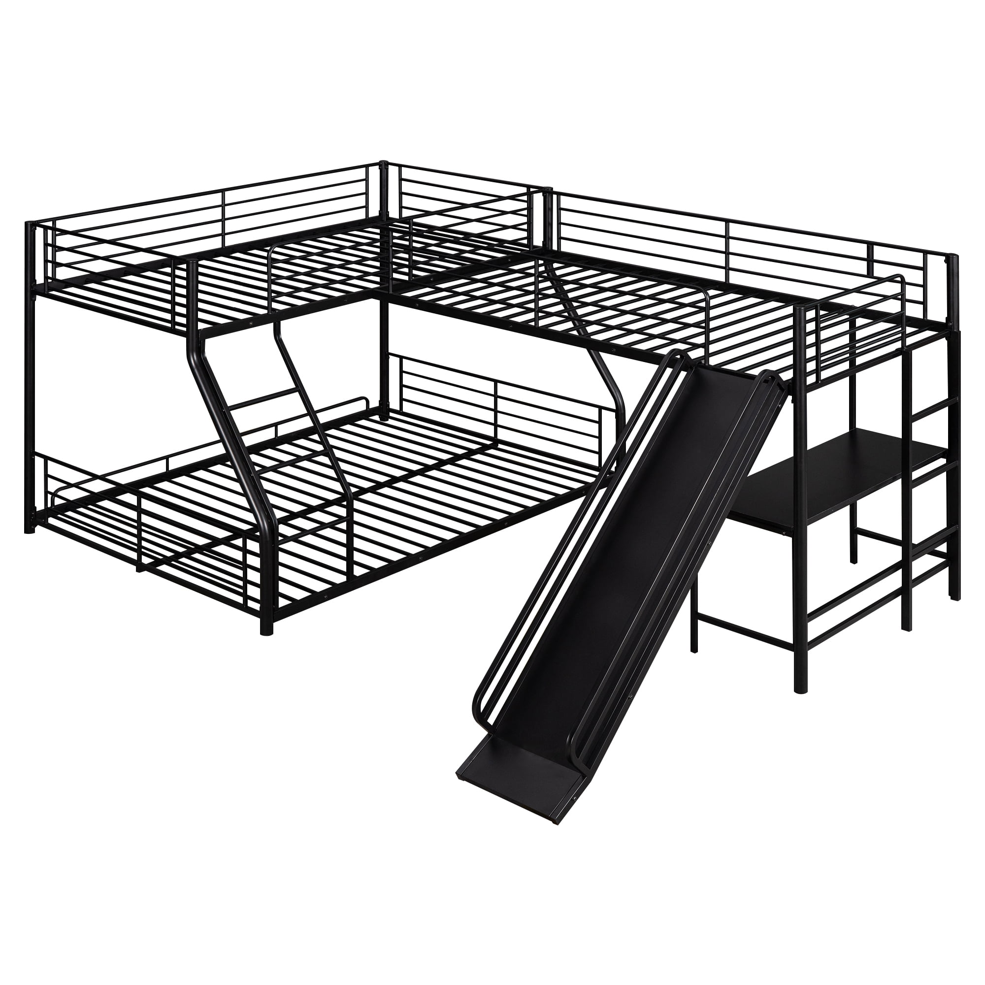 Aukfa Triple Bunk Bed with Desk and Slide, L-Shaped Metal Low Bunk Bed with a Twin Loft Bed for 3 Kids, Twin Over Full - Black