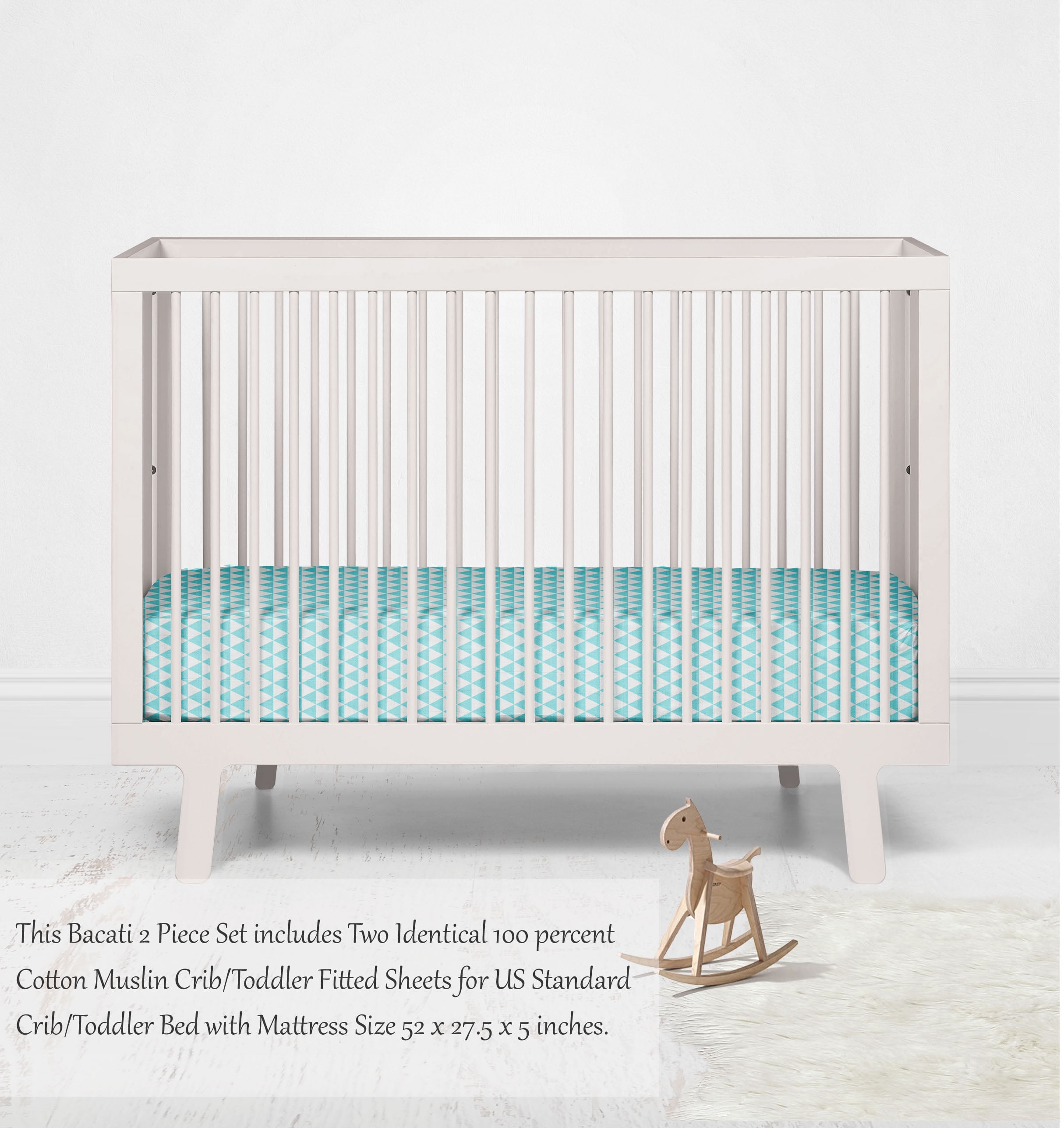 Bacati - Aztec/Tribal Aqua Crib/Toddler Bed Fitted Sheets 100% Cotton Muslin 2 Pack, Small Triangles