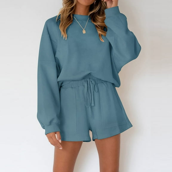 QUYUON Women Sweatsuits Shorts Sets Oversized Lounge Sets 2 Piece Outfits Long Sleeve Sweatshirts Tops and Elastic Waist Shorts Sweatsuit with Drawstring Casual Pajamas Tracksuit Set Blue S