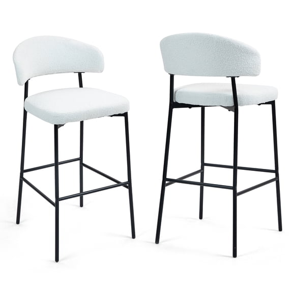 Set of 2 Bennett White Boucle Upholstered Fabric Bar Stool with Black Iron Legs