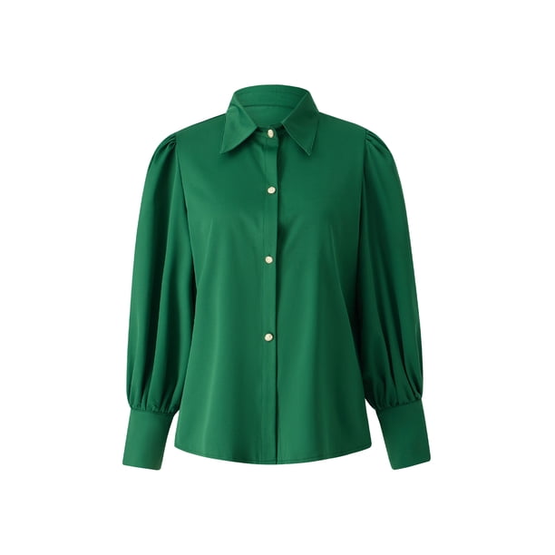 VISgogo Camisa Retro con Manga de Obispo para Mujer, Color Sólido/Estampado de Leopardo Solapa Blusa de Manga Larga con Botones para Damas, S/M/L/XL/XXL VISgogo moda