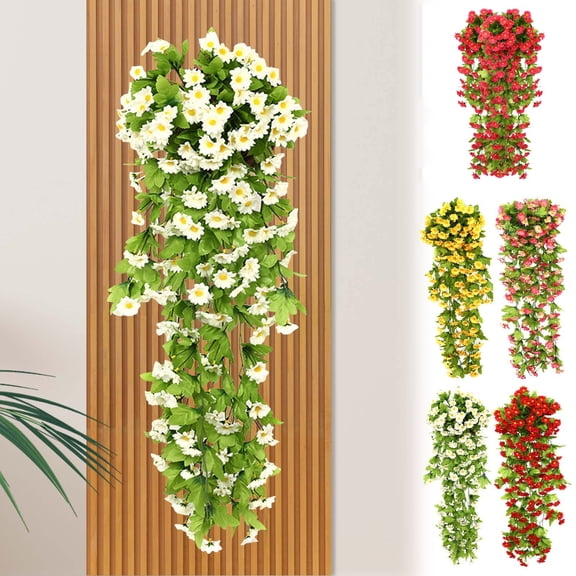 AYktou Artificial Hanging Flowers Plants, 31.5 Inch Artificial Daisies Hanging Plants Vines, UV Resistant Wisteria Basket Wall Hanging Garland, Faux Silk Flowers for Porch Eave Spring Summer Decor