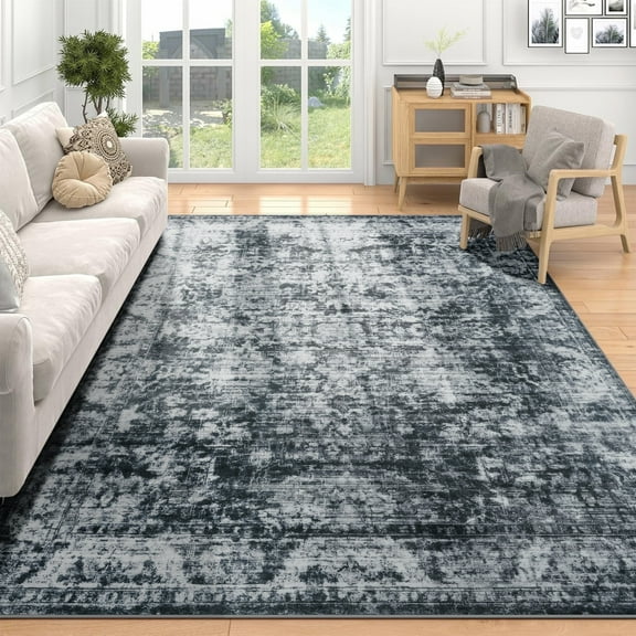 Wondo 6x9 Area Rugs for Living Room, Machine Washable Vintage Rug, Non-Slip Low Pile Throw Rugs for Bedroom Dining Room Kitchen Home Decor, Gray