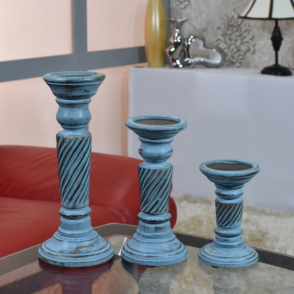Handmade Wood Ecofriendly Traditional Antique Dusk Set Of Three Pillar