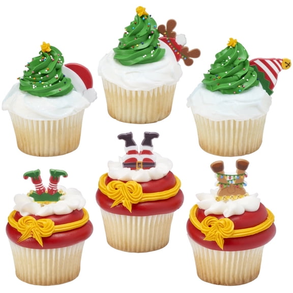 CakeDrake Whimsical Feet and Hats Cupcake Rings 24 Ct, Funny Holiday Cupcake Toppers with Santa Elf and Gingerbread Designs for Christmas Desserts