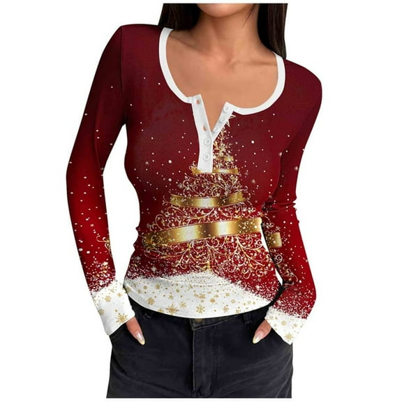 Aobny Womens Dressy Blouses Compression Christmas T-shirts Red Pullover Long Sleeve Henley Womens Fall Tops,XXL