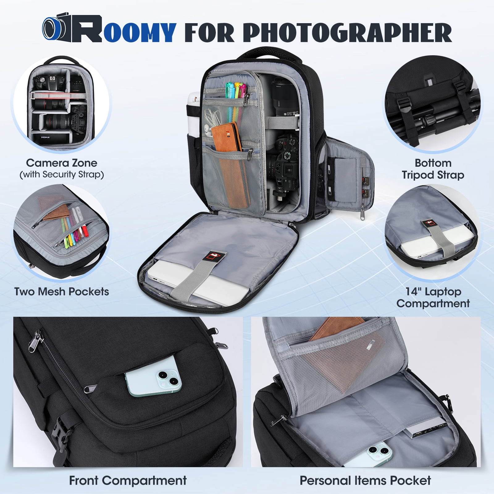 RAINSMORE Camera Backpack Camera Bag for Photographers DSLR SLR Mirrorless Camera Cases with Waterproof Rain Cover & Laptop Compartment Fits 15.6 Inch Laptop Travel photography backpack,Black