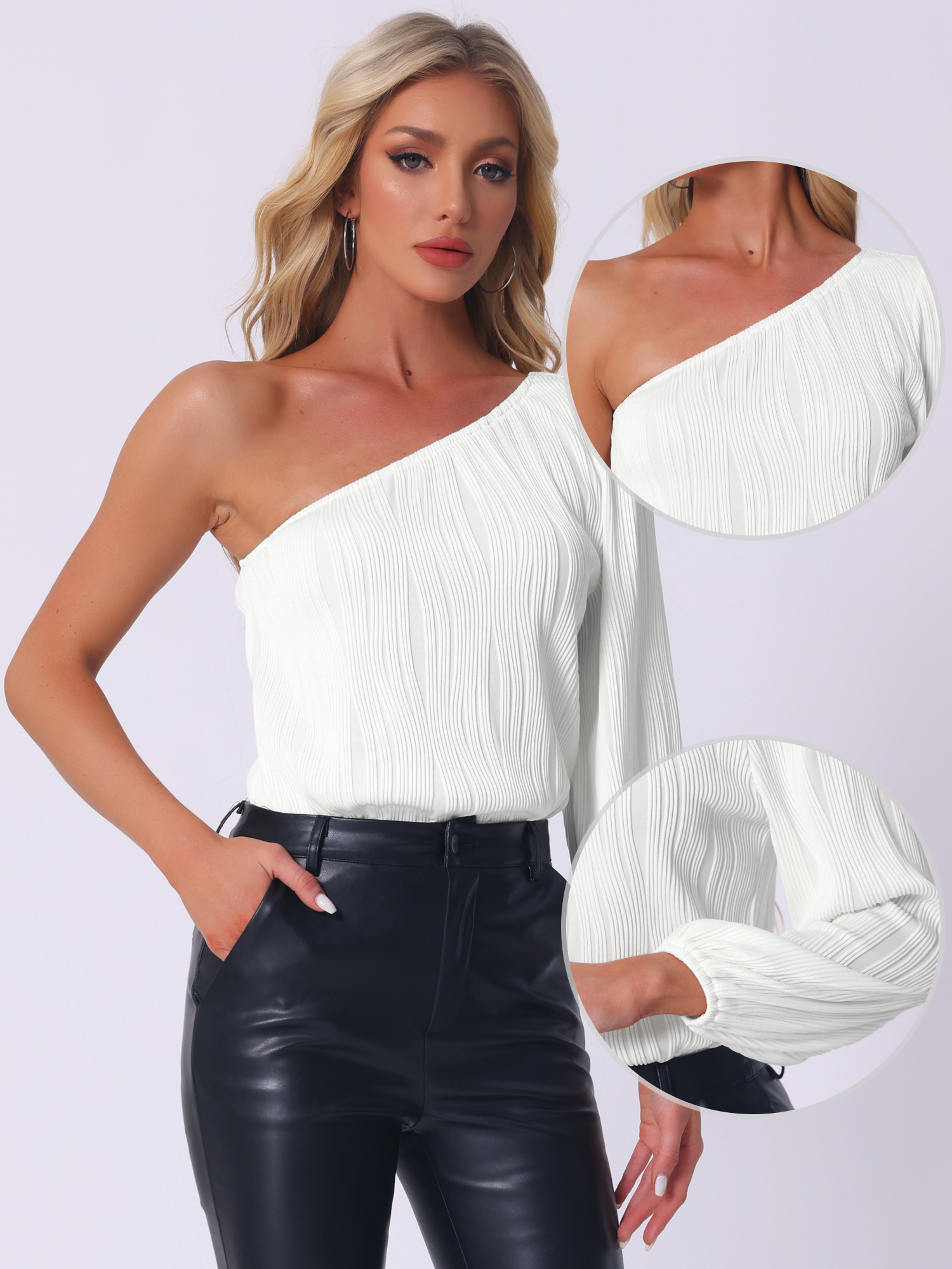 DARING DIVA One Shoulder Bodysuit Long Sleeve Ribbed Body Suits L White