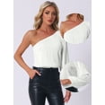 thumbnail image 2 of DARING DIVA One Shoulder Bodysuit Long Sleeve Ribbed Body Suits XS White, 2 of 6