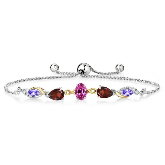 Gem Stone King 925 Silver and 10K Yellow Gold Pink Created Sapphire Red Garnet Blue Tanzanite and Lab Grown Diamond Tennis Bracelet for Women By Keren Hanan (1.78 cttw, Adjustable up To 9 inch)