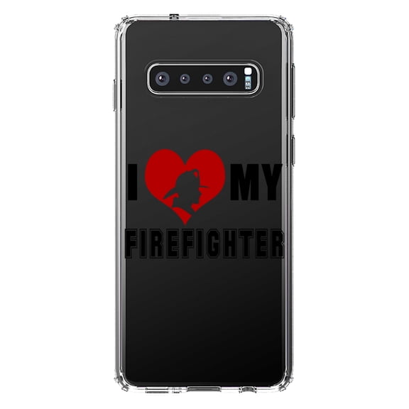 DistinctInk Clear Shockproof Hybrid Case for Samsung Galaxy S10  PLUS (6.4" Screen) - TPU Bumper Acrylic Back Tempered Glass Screen Protector - I Heart My Firefighter