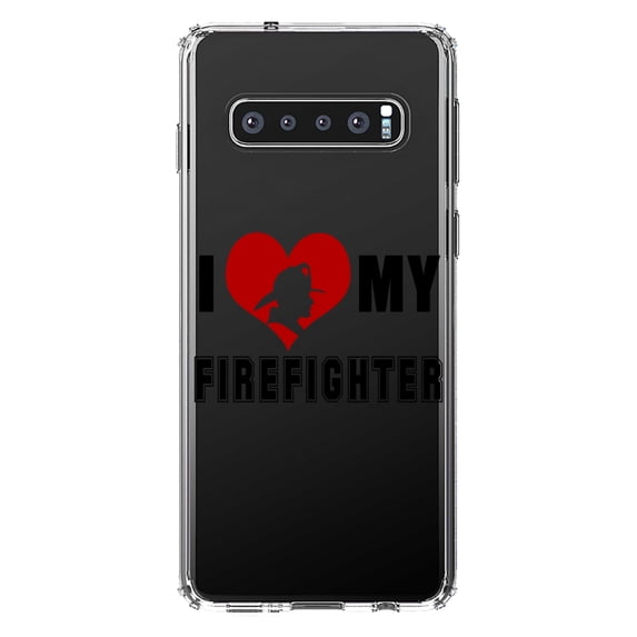 DistinctInk Clear Shockproof Hybrid Case for Samsung Galaxy S10+ PLUS (6.4" Screen) - TPU Bumper Acrylic Back Tempered Glass Screen Protector - I Heart My Firefighter