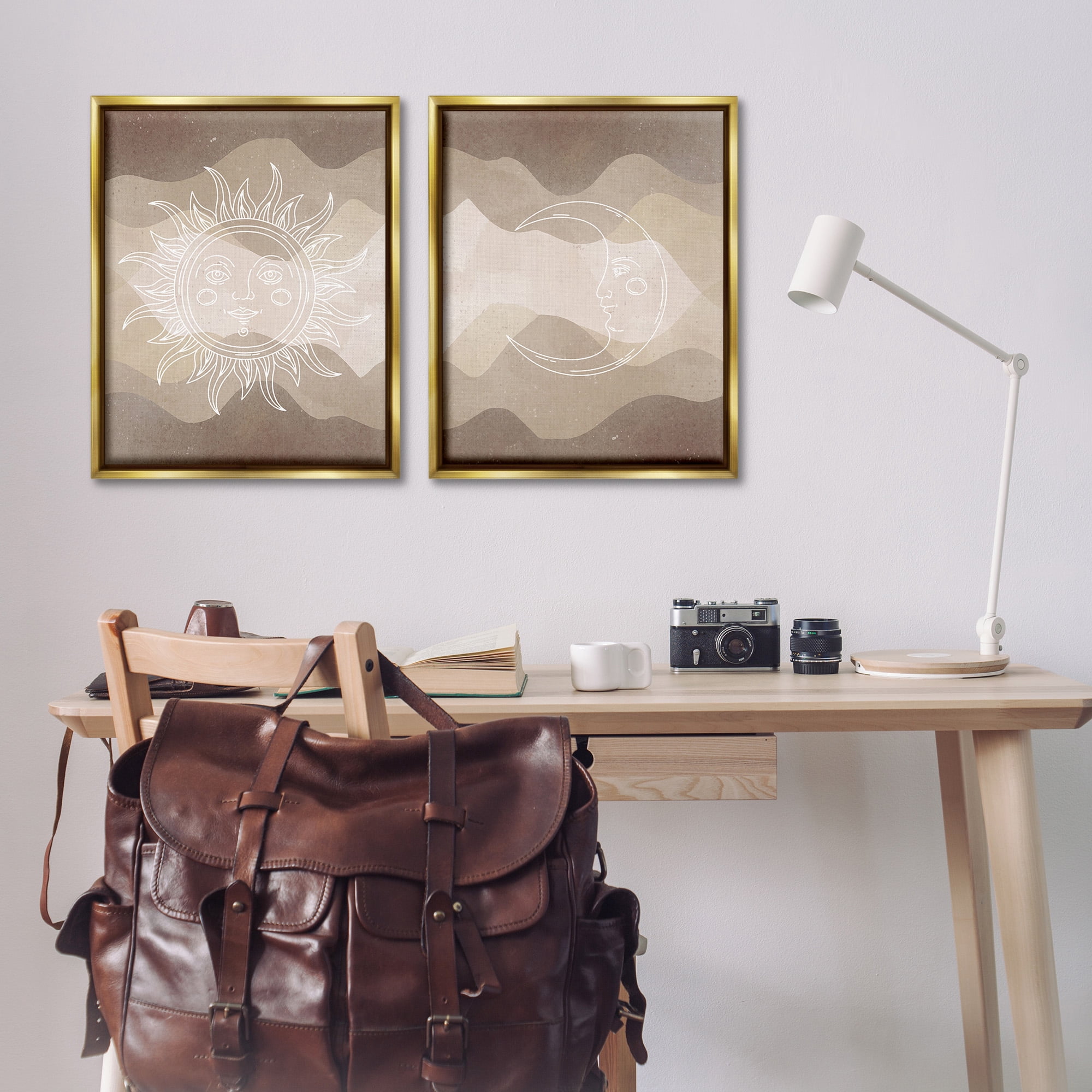 Stupell Industries Astral Boho Sun & Moon Landscape Painting Gold Floater Framed Canvas Art Print Wall Art, 25 x 31, Set of 2