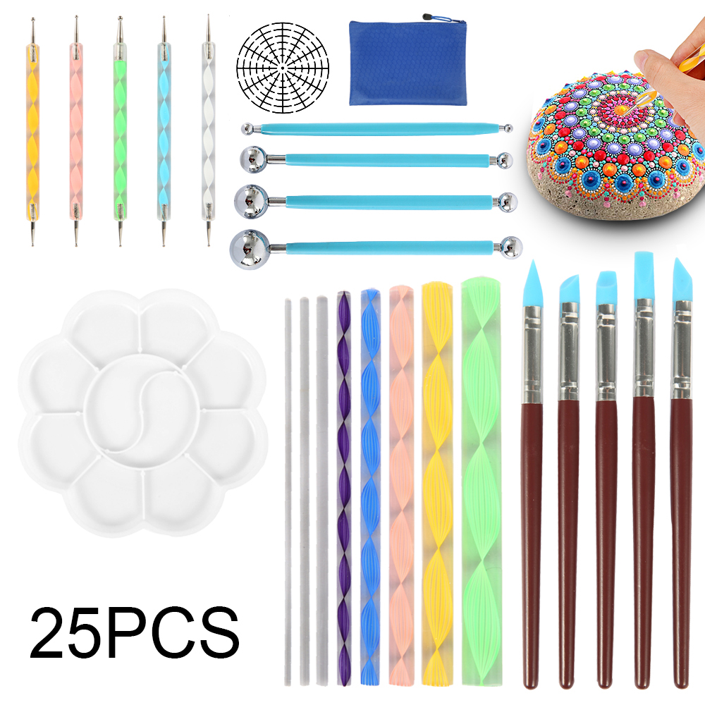 Dotting Tools Set 25PCS with Storage Bag Handle Ball Stylus Rod Stencil Tray Mandala Rock DIY Package