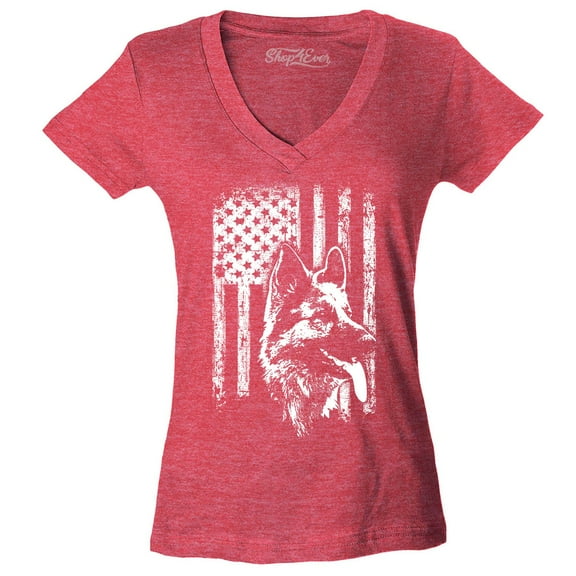 Shop4Ever Women's German Shepherd American Flag Slim Fit V-Neck T-Shirt Small Heather Red
