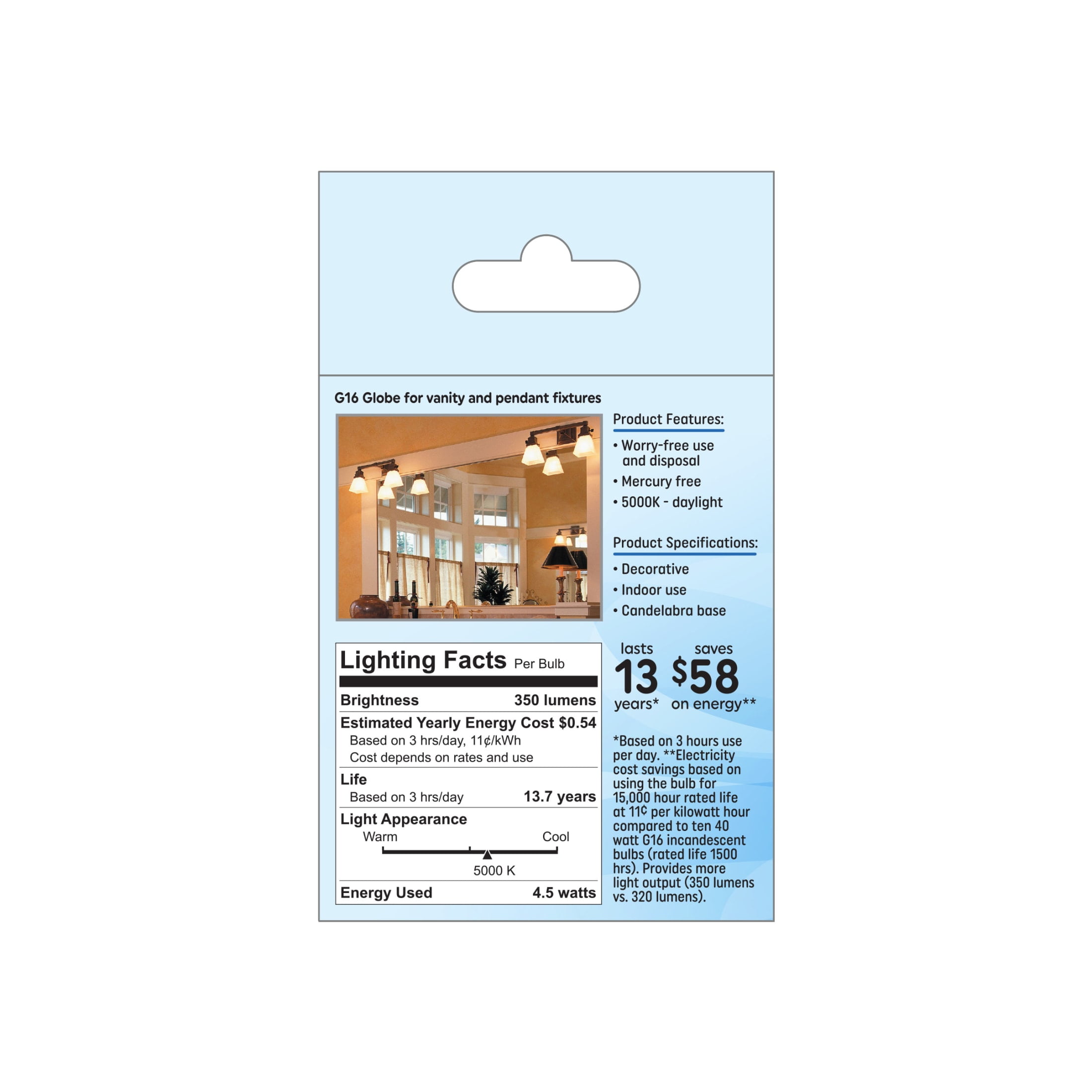 (3 pack) GE LED Light Bulb, 40 Watt, Daylight, G16.5 Globe Bulb, Small Base, 13yr