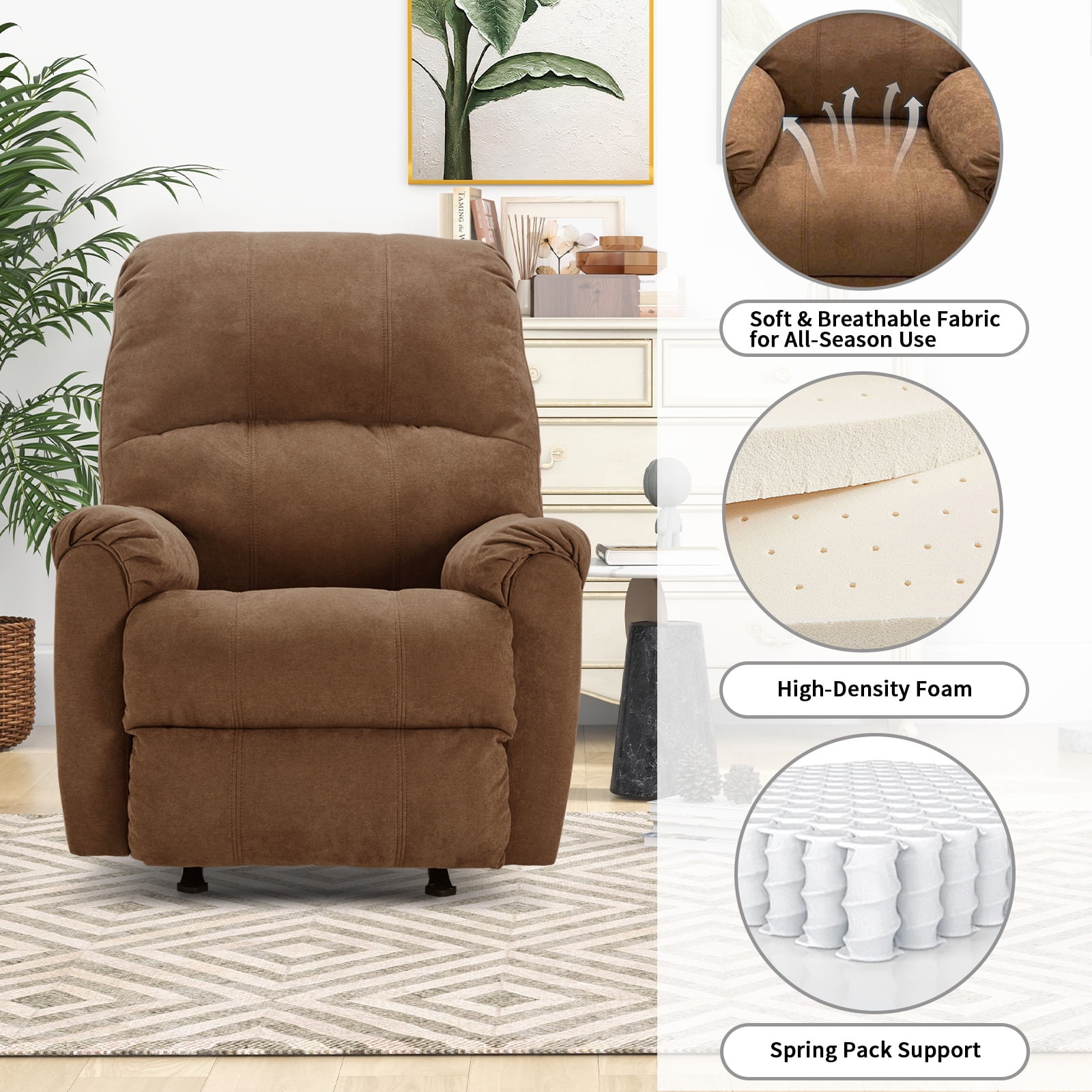 Ebello Manual Rocker Recliner Chair for Adults – Soft Fabric Reclining Sofa with Overstuffed Backrest, 300 lbs Weight Capacity,Brown