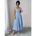 thumbnail image 3 of Blue Womens Square Neck Cinched Waist A-Line Midi Dress For Spring Summer Casual Vacation, 3 of 7