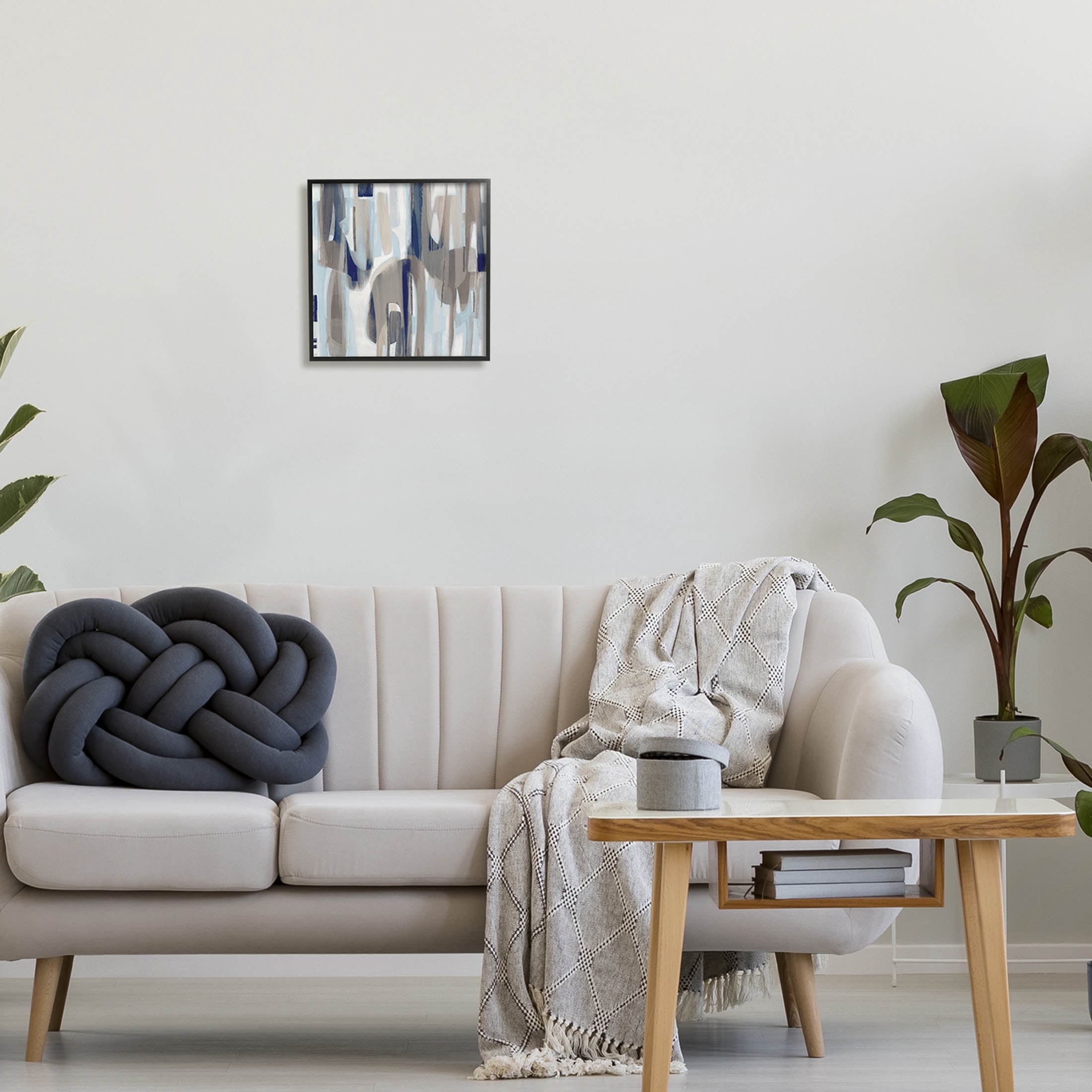 Neutral Beige Falling Strokes Abstract Painting Black Framed Art Print Wall Art