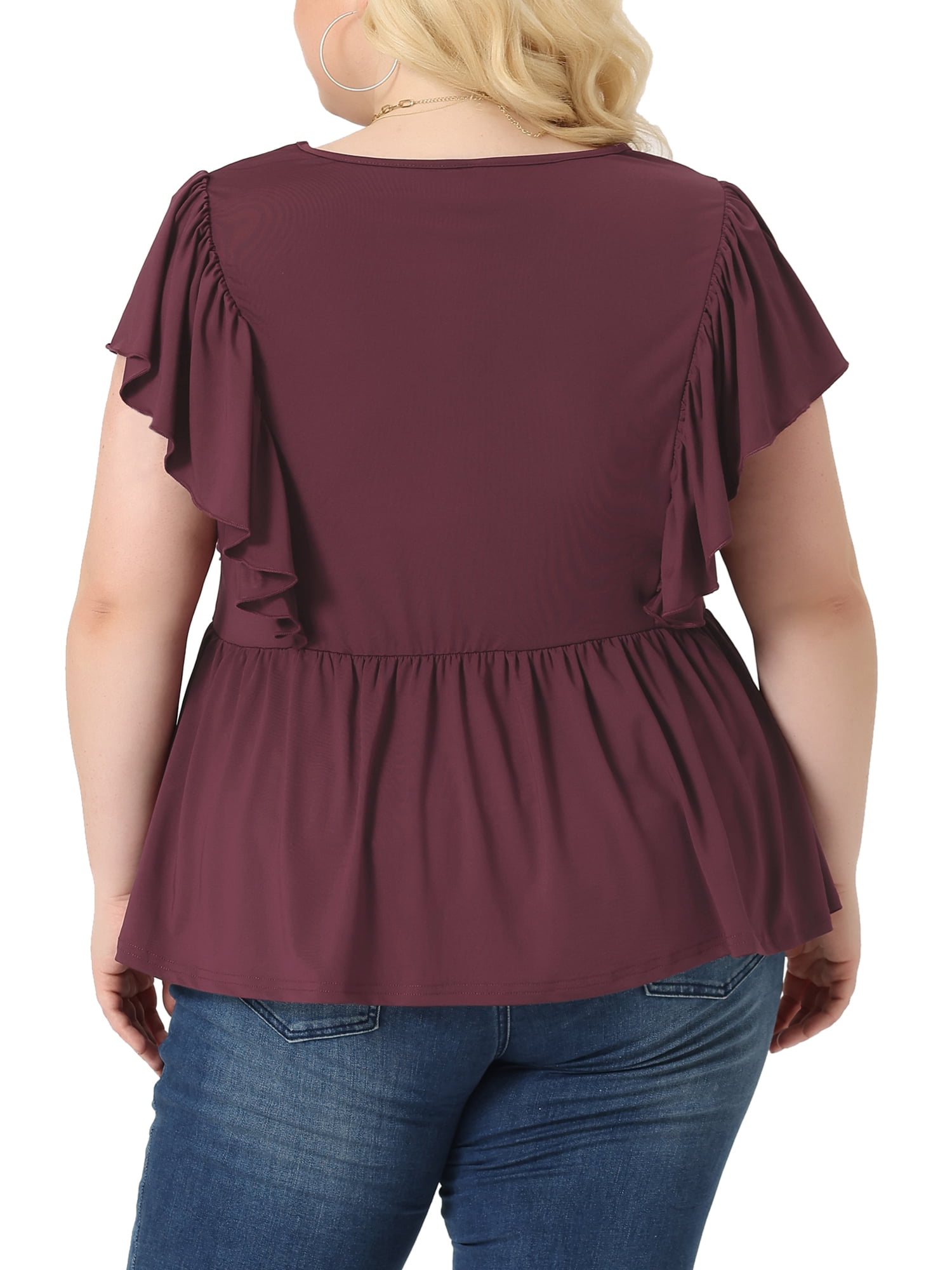Unique Bargains Women Plus Size Tops V Neck Ruffle Sleeve Pleated Peplum Blouse Purplish Red 4X