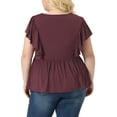 thumbnail image 4 of Unique Bargains Women Plus Size Tops V Neck Ruffle Sleeve Pleated Peplum Blouse Purplish Red 2X, 4 of 6