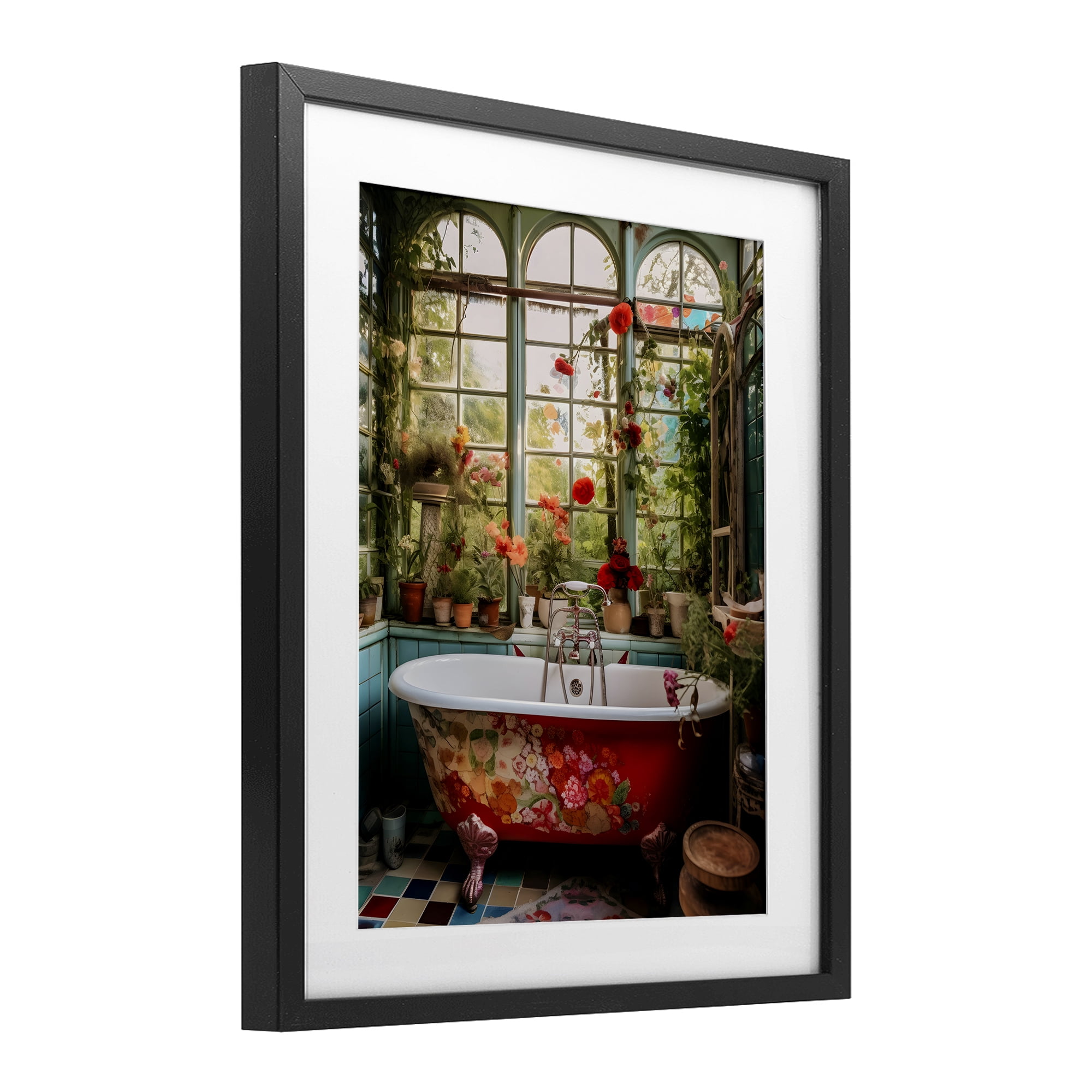 Floral Sunroom Tub Black Framed Print Under Glass, design by Lettered and Lined