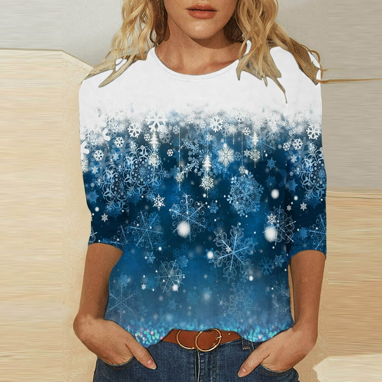 Olyvenn Womens Oversized Christmas Blouse Tops T shirts Crew Neck Fall Tops Dressy Casual Autumn Lady Blouse Raglan Sleeve 3 4 Sleeve Pullover Shiny Snowflake Graphic Tees Fashion Blue 6 Walmart