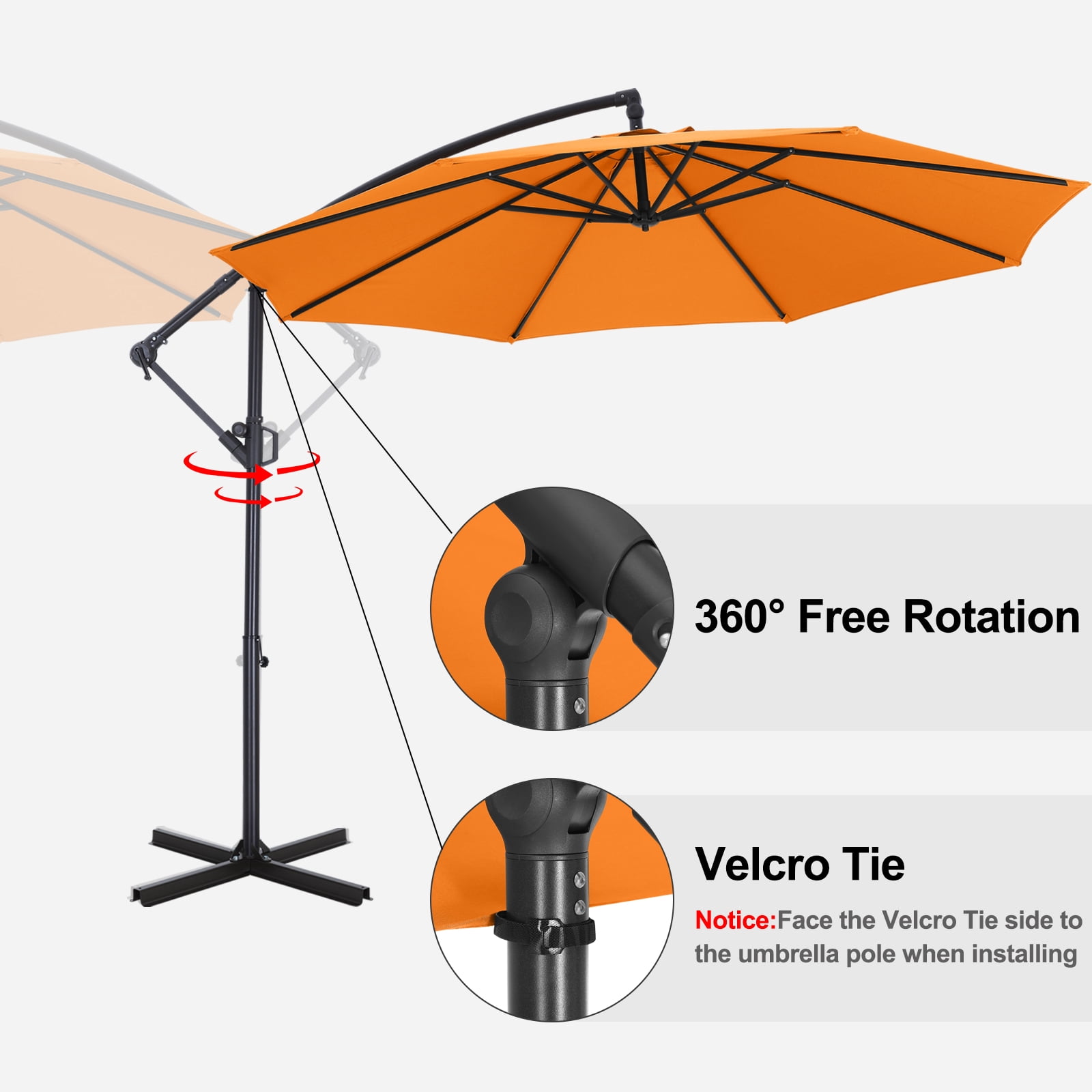 ABCCANOPY 10 FT 360°Rotation Cantilever Patio Umbrella with Crank & Cross Base for Garden, Backyard, Pool and Beach, 12+ Colors(Orange)