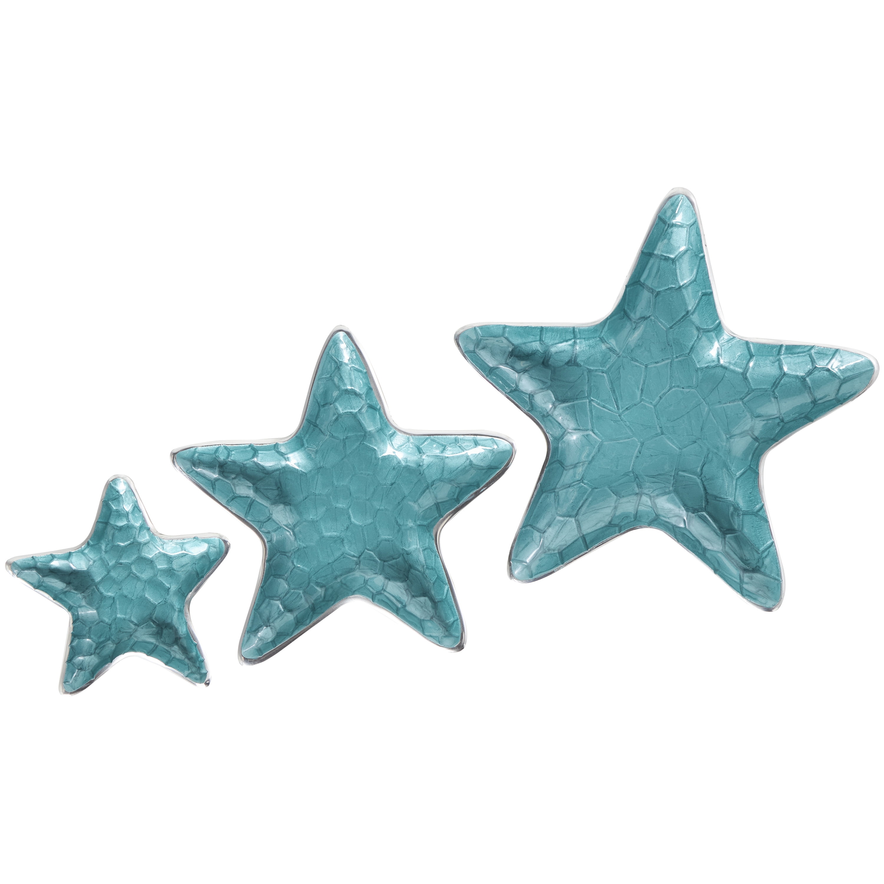 DecMode 13", 11", 7"W Handmade Asymmetrical Textured Enameled Starfish Aluminum Metal Decorative Bowl with Silver Base, Set of 3