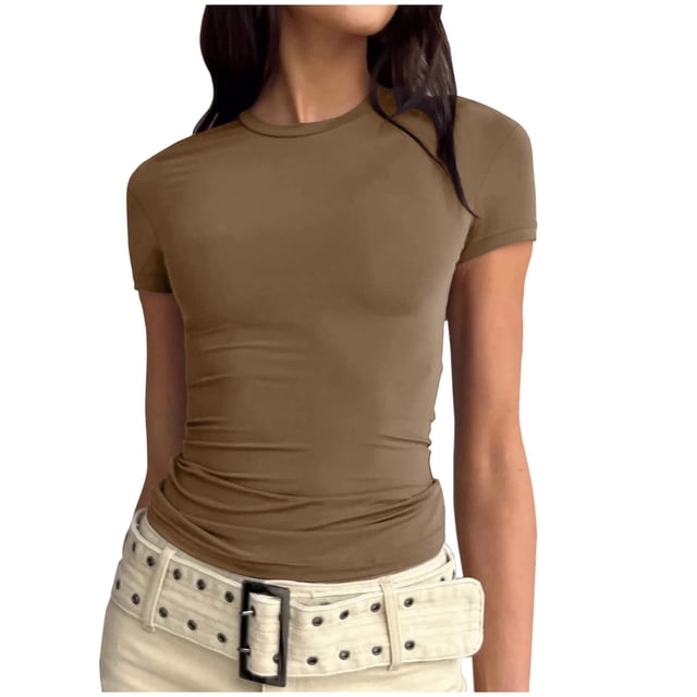 AherBiu Hauts Grande Taille pour Femmes Basiques Couleur Unie Col Rond Manches Courtes Ajusté Serré Extensible Confortables T-Shirts Hauts
