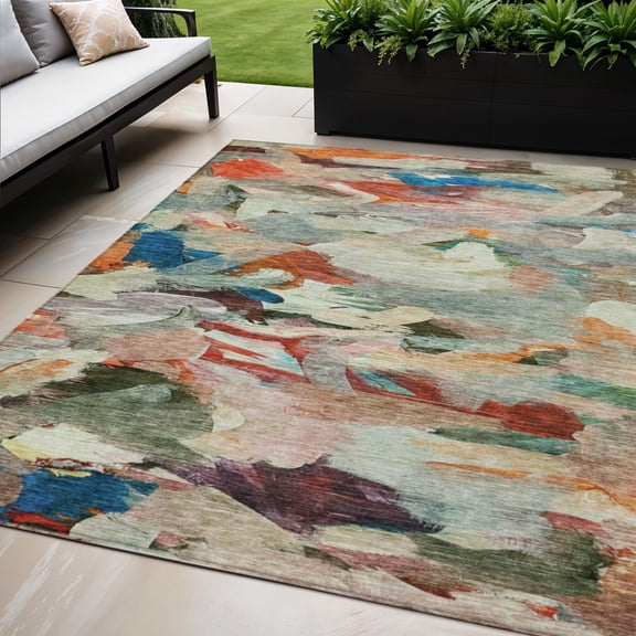 HomeRoots 603126 5 x 8 ft. Green, Teal Blue & Terra Cotta Abstract Washable Indoor & Outdoor Rectangle Area Rug
