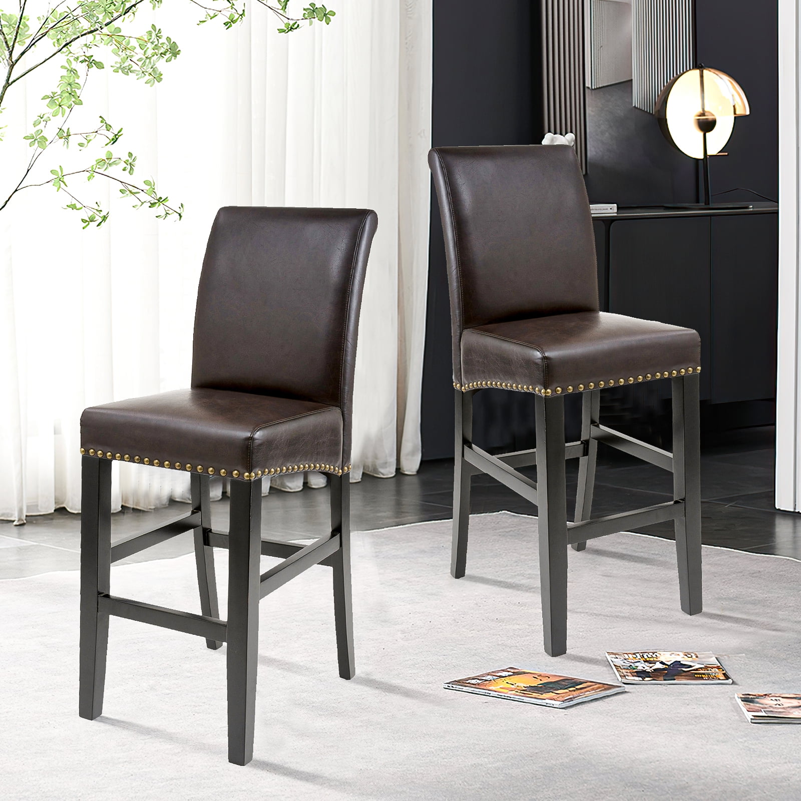 Kadyn Bar Counter Chairs Set of 2, Counter Height Bar Stools for Dining Room, Coffee Shop, Upholstered Kitchen Chair with Wood Legs, Brown