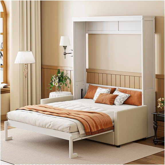 White Full Size Murphy Bed with Sofa, Space Saving Wall Mounted Cabinet Bed with Storage, Modern Home Office Apartment Furniture