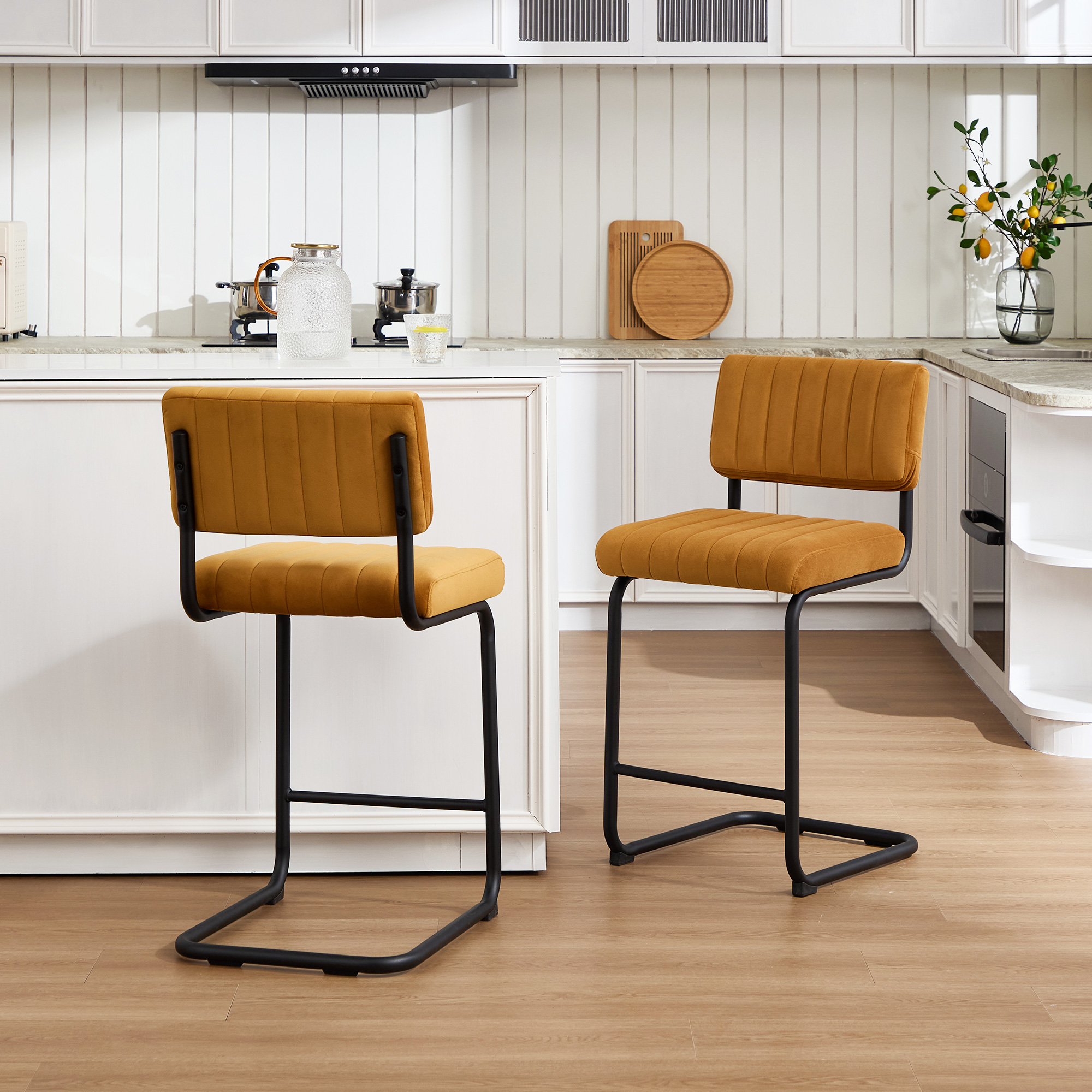 ONEVOG 24''H Counter Height Bar Stools Set of 2, Morden Counter Bar Stools with Velvet and Black Metal Legs, Upholstered Bar Stool For Kitchen Island, Cognac