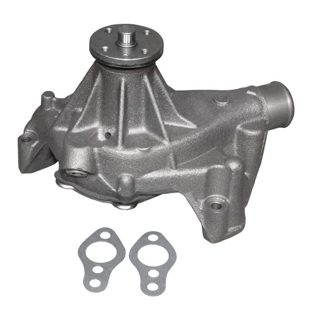 kit de bomba de agua acdelco professional 252-719, vista frontal centrada de la carcasa metálica con brida circular superior, nervaduras estructurales, salida lateral y eje expuesto; incluye dos empaques planos en primer plano, acabado rugoso metálico, diseñado para montaje en motor automotriz y uso en sistemas de enfriamiento.
