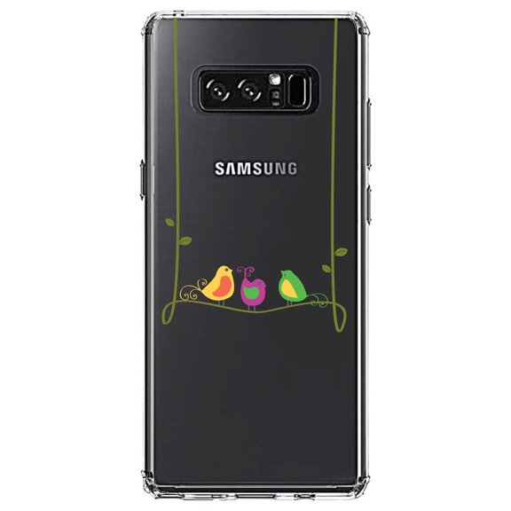 DistinctInk Clear Shockproof Hybrid Case for Samsung Galaxy Note 8 - TPU Bumper Acrylic Back Tempered Glass Screen Protector - Colorful Birds Cartoon on a Vine