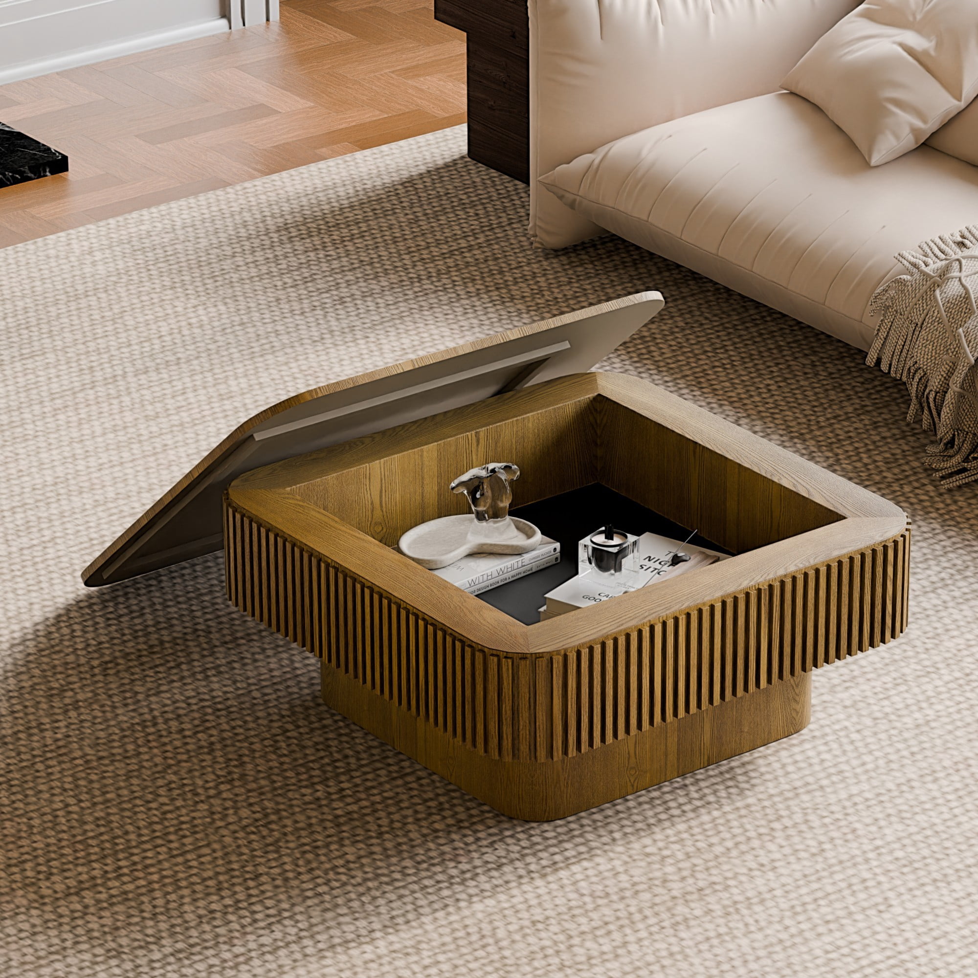 31.5" Square Coffee Table with Storage, Modern Fluted Coffee Table with Hidden Compartment, Wood Veneer Center Table for Living Room, Brown