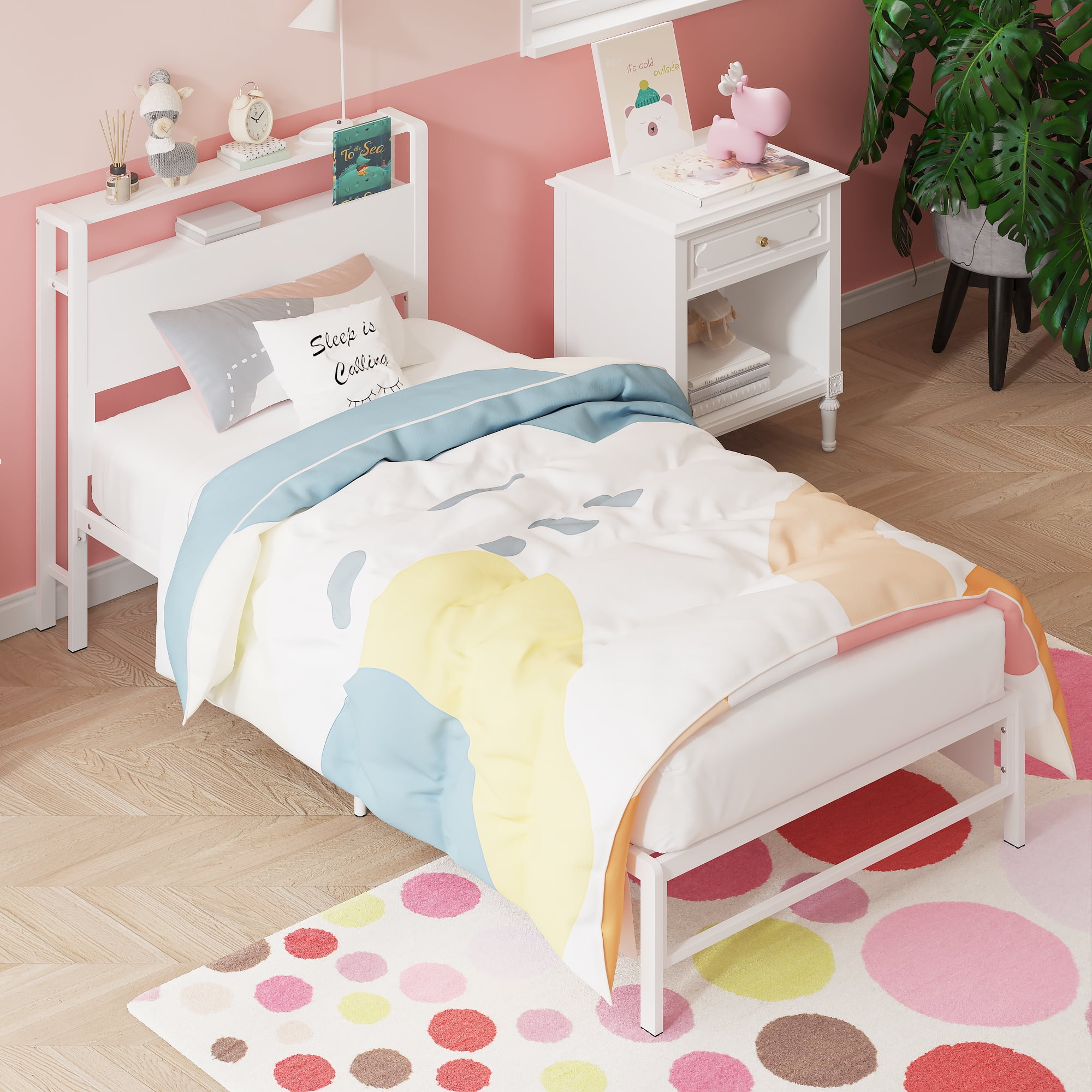 Yoneston 12" Twin Metal Bed Frame with 2-Tire Storage Headboard for Girls, Heavy Duty Platform Bed Frame No Box Spring Bedroom Furniture, White