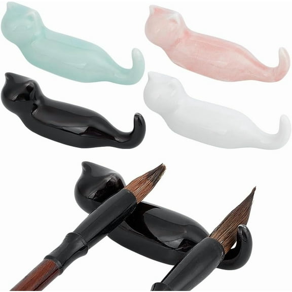 4 Colors Painting Brush Rest Stand Cute Ceramic Cat Shape Painting Rests Porcelain Chopsticks Holders Art Supply for Chopsticks Pen Sumi Brushes Calligraphy Practice Home Office Decor