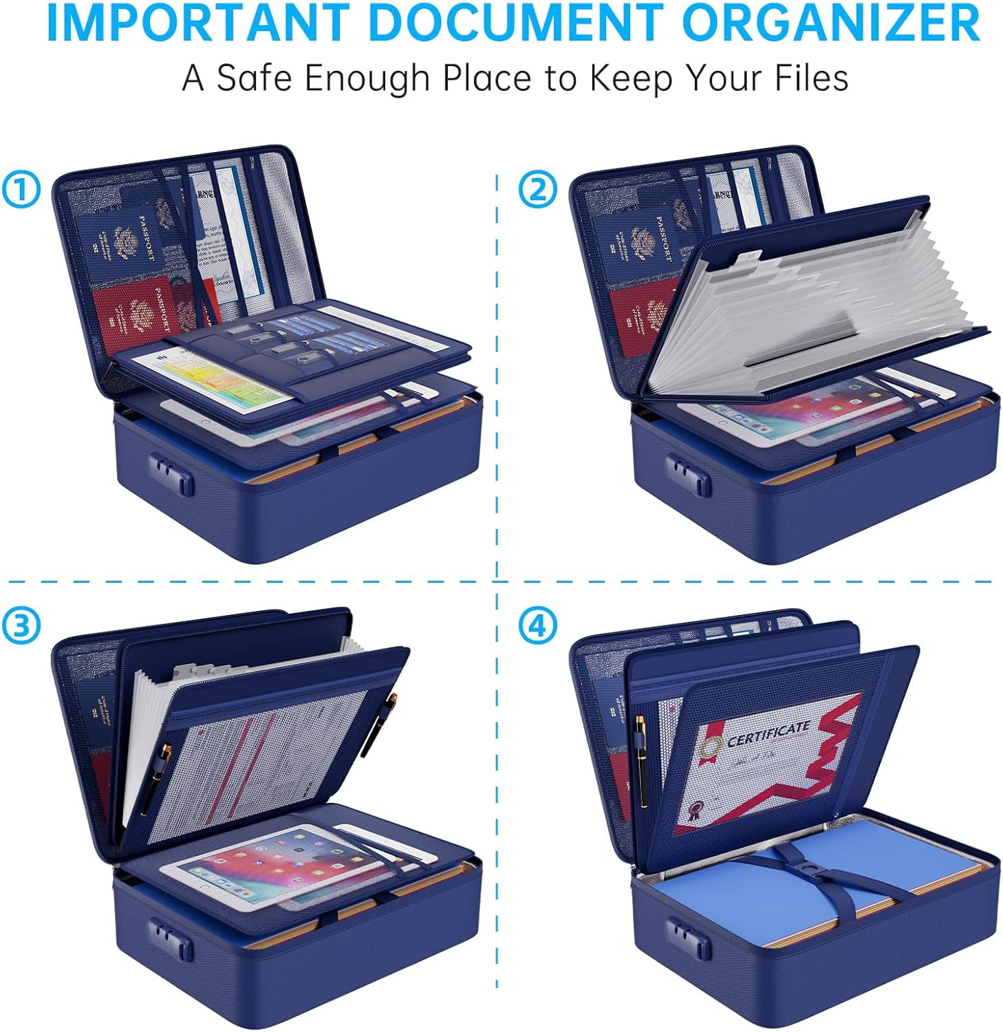 5200℉ Fireproof File Organizer Bag with 13 Pocket Accordion File Folder,Document Organizer Box with Lock&Labels,Multi-Layer Portable Home Travel Safe Storage Box for Important Documents,Blue