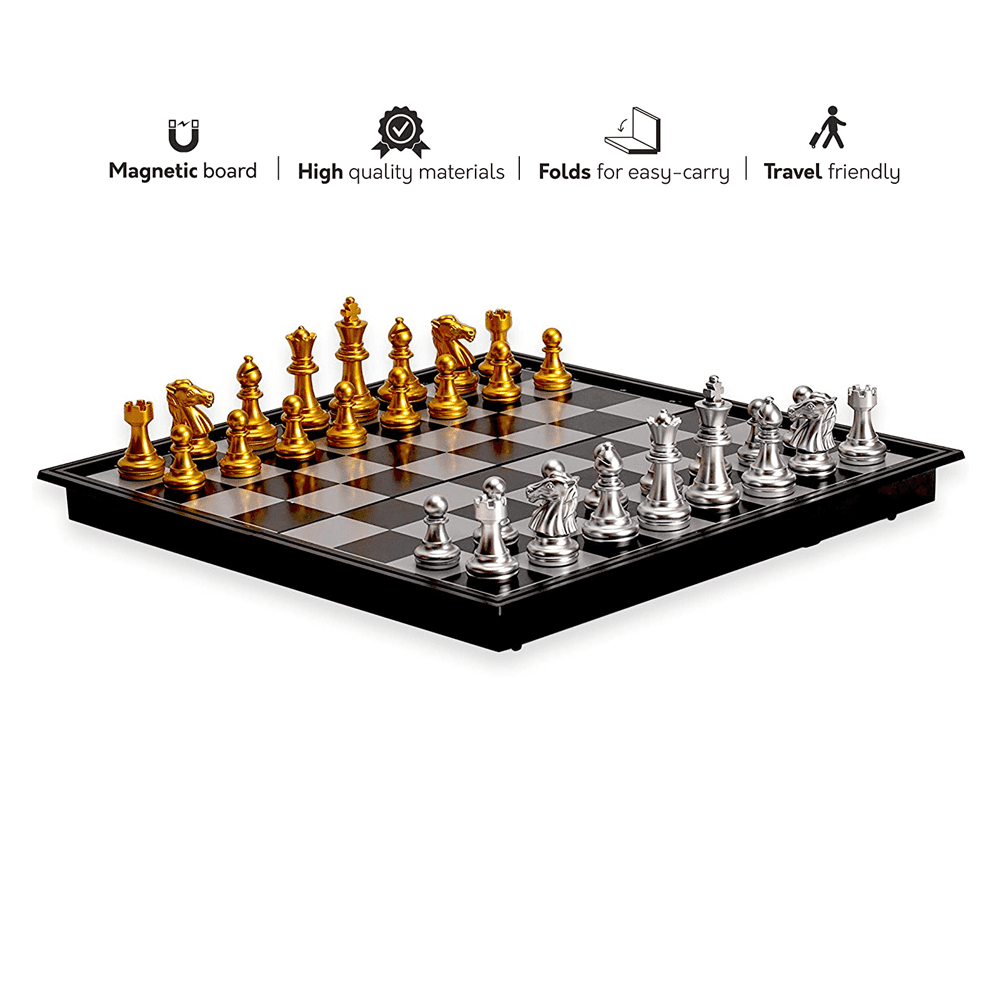 Hey! Play! Chess Set with Folding Wooden Board-Beginner’s Portable Game