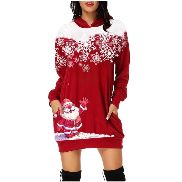 WILLBEST Sudaderas para Mujer, Vestido de Navidad, Vestido de Noche para Mujer, Sudadera Navideña de Moda con Capucha y Bolsillo Tipo Bolso, Sudadera Estampada, Falda de Moda Mediana