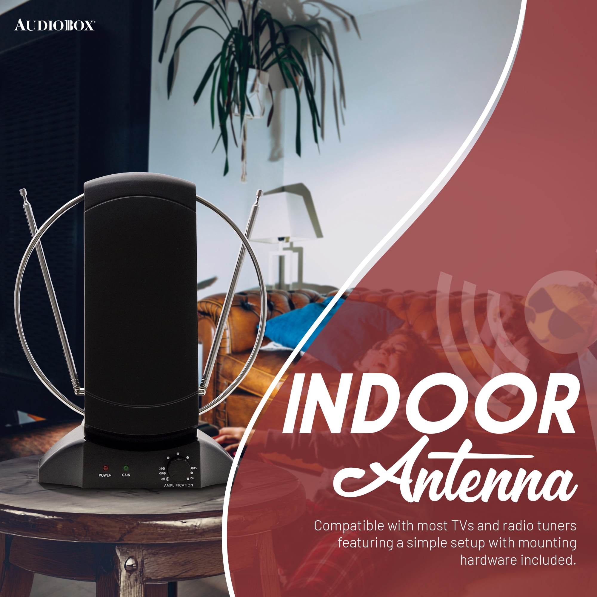 AudioBox Amplified Indoor Antenna with 80-Mile Range, Adjustable