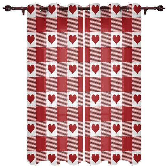 Red Heart Plaid Window Curtains Bedroom Kitchen Drapes Panel Curtains for Living Room Christmas Home Decor